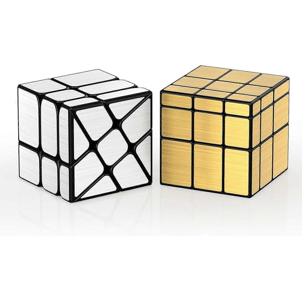 Speed Cube Set of 2 Gold Mirror S Cube, Silver Windmirror Cube, Irregular Speedcubing 3x3x3 Twisty Box Puzzle