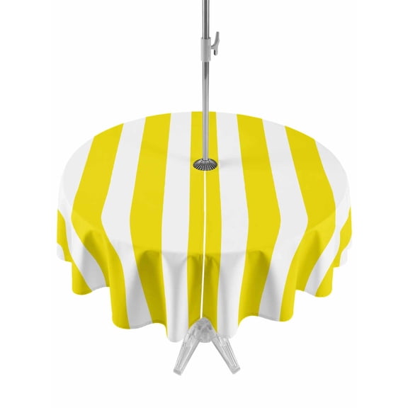 Outdoor Tablecloth with Umbrella Hole and Zipper, Yellow Striped Waterproof Patio Tablecloth for Dining Round 54'', Modern Farmhouse Yellow White Stripes Wipeable Table Cover for Picnic BBQ Party