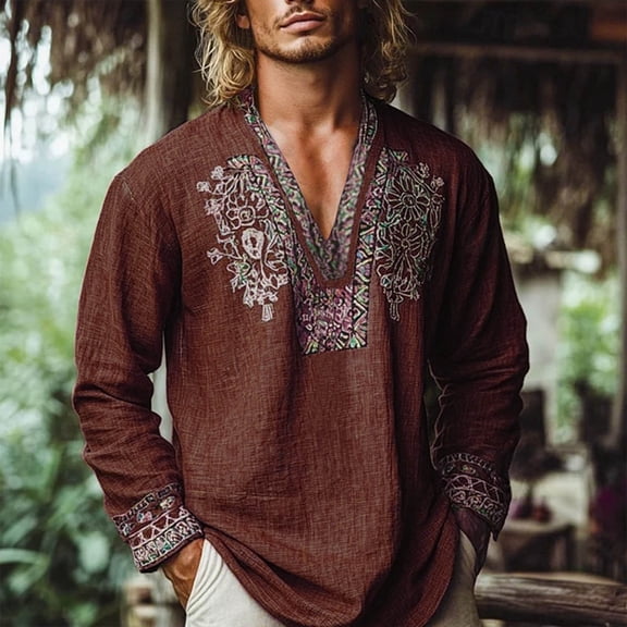 Royisotas Mens Casual T Shirts Vintage Cotton Tops Pullover Fashion V Neck Loose Fit Shirts for Men