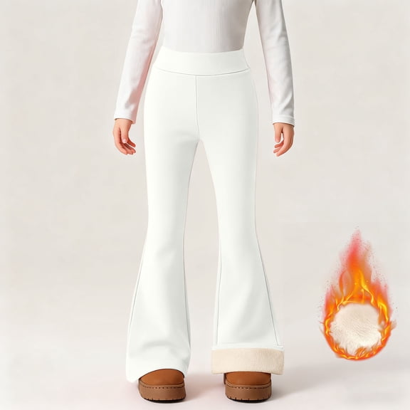 Flare Leggings for Girls Pull on Stretch Casual Soft Warm Slim Fitted Legging Solid Color Fleece Lined Yoga Pants White 10-11 Years