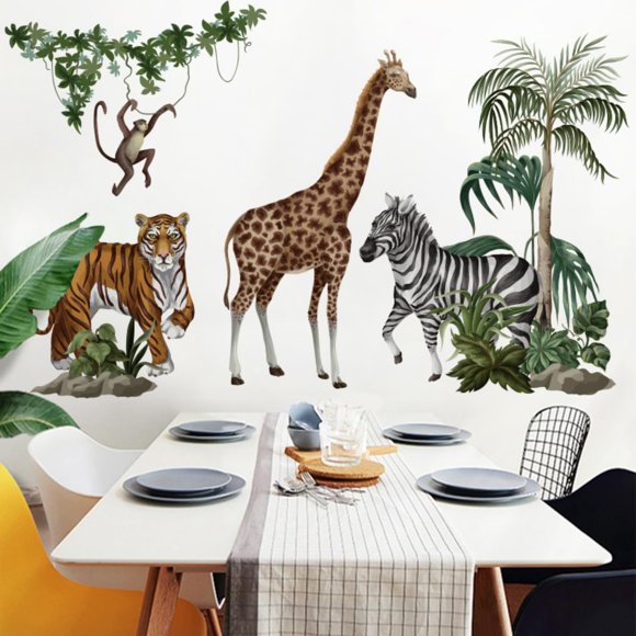 LOONELO Jungle Wild Animals Safari Wall Stickers, Peel & Stick 3D Palm Leaves Tiger Giraffe Elephant Tree Branch Decals, Removable Vinyl Monkey Mural for Nursery Bedroom Wall Decor