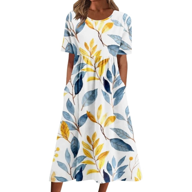 Staron Robe pour Femme à Imprimé Floral Boho Vacances Robes d'Été Décontractées Printemps Manches Courtes Ligne A Col Ras du Cou Ample Fluide avec Poches Vert P