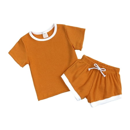 

nsendm Baby Shoes Toddlers Kids Girls Boys Fashional Ribbed Soild Short Sleeve Top Short Pants 2t Girls Clothes Orange 3-4 Years