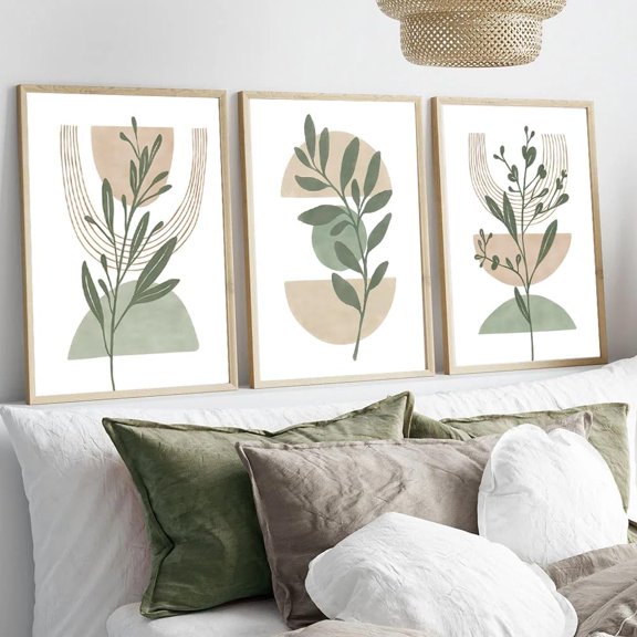 Set of 3 Nordic Sage Green Botanical Posters Prints Triptych Abstract Boho Geometric Wall Art Pictures Canvas Painting for Living Dining Room Kitchen Bedroom Home Decor Gift