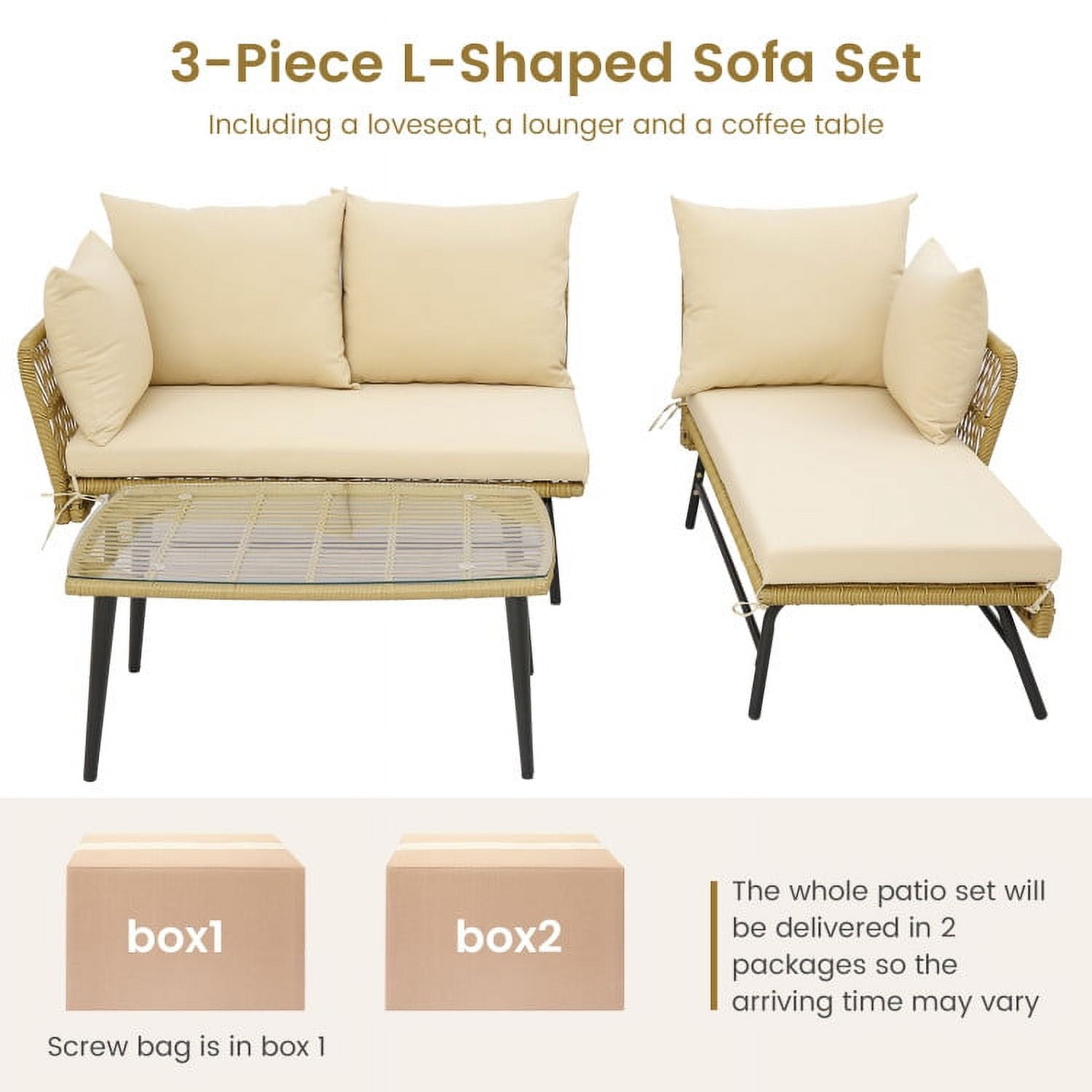 Aimee Lii 3 Pieces L-Shaped Patio Sofa with Cushions and Tempered Glass Table, Outdoor Patio Set, Beige