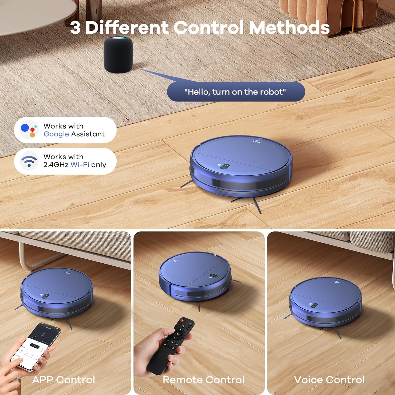 TH Robot Vacuum and Mop Combo 2.4GHz WiFi 4 Modes APP Remote for Pet Hair Stains Carpets Corners Self-Charging