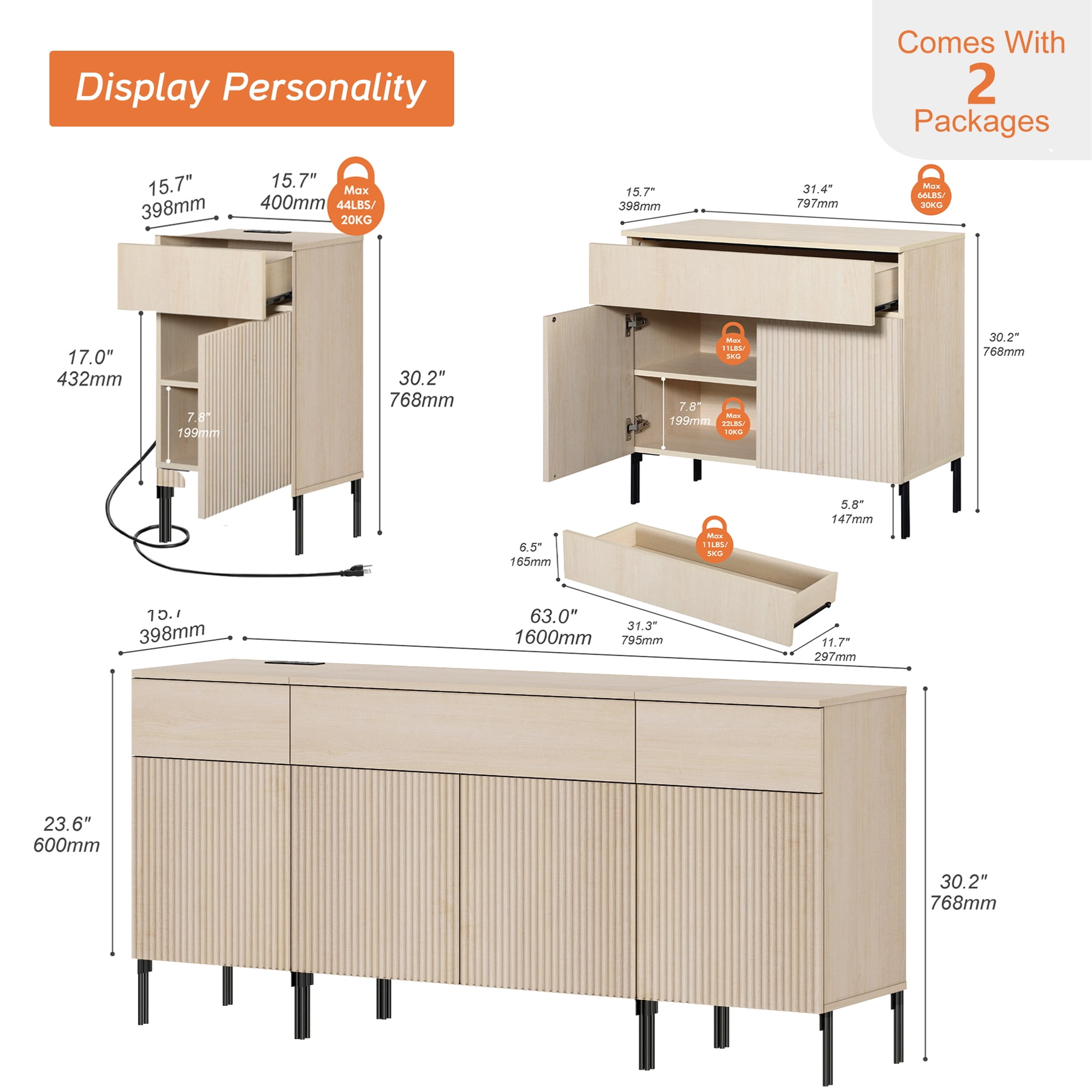 63" Modern Wood 3-Drawer Dresser with Reeded Design, Minimalist Dresser Organizer Storage With Charging Station for Bedroom,Living room, Entryway