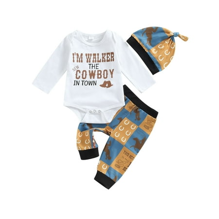 

Sunisery 3Pcs Newborn Baby Boys Cowboy Clothes Sets Long Sleeve Letter Print Romper Animal Pattern Pants Hat Outfits Brown Yellow 3-6 Months