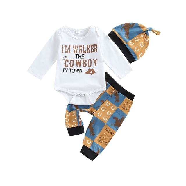 Mialoley Infant Baby Cowboy Clothes Set, Long Sleeve Letter Print Romper + Animal Pattern Pants + Hat