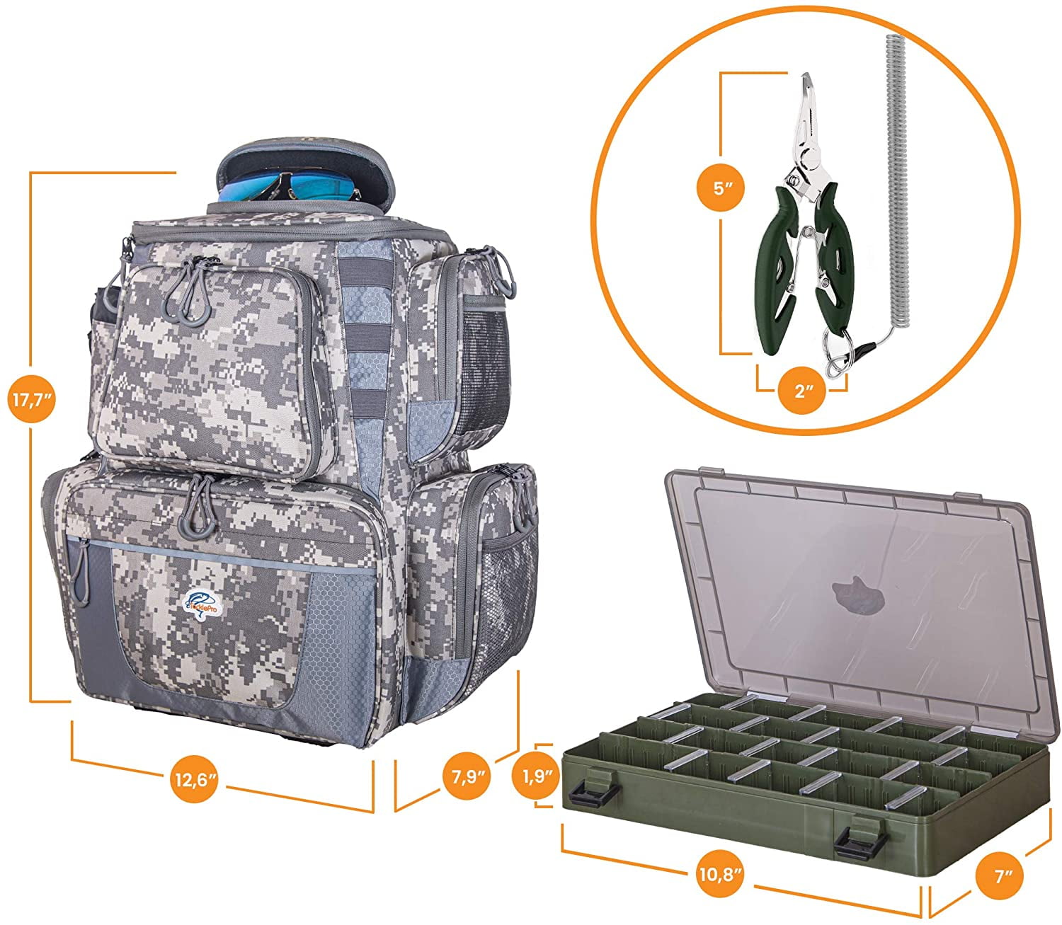 etacklepro Fishing Backpack Waterproof Tackle Bag with Protective Rain  Cover Includes 4 Tackle Boxes Stainless Steel Fishing Pliers and Lanyard -  Digital Camo 