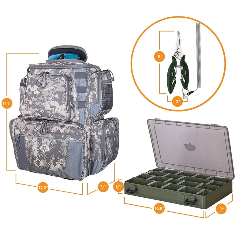 etacklepro Fishing Backpack Waterproof Tackle Bag with Protective Rain Cover Includes 4 Tackle Boxes Stainless Steel Fishing Pliers and Lanyard 