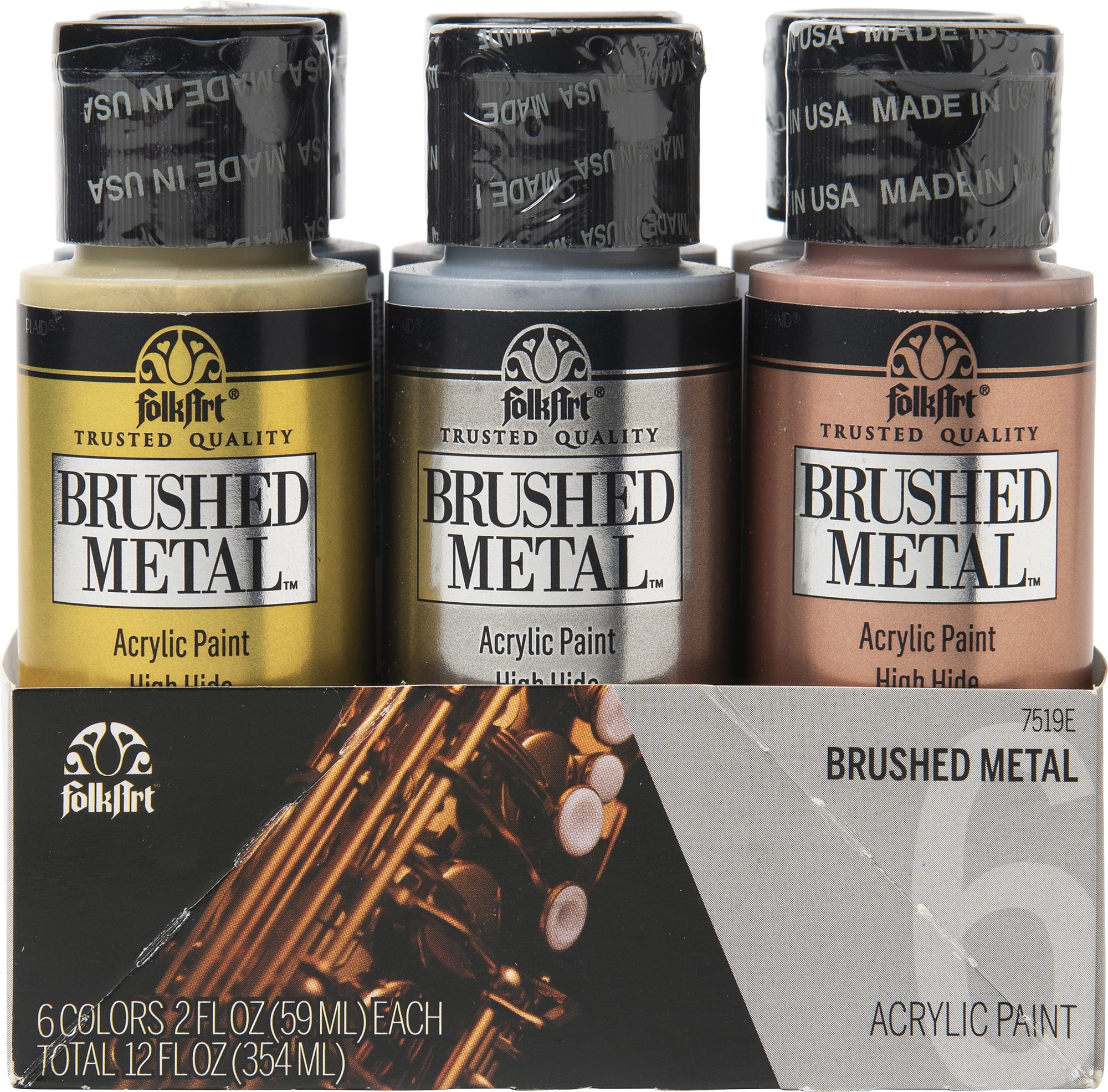 FolkArt Brushed Metal Acrylic Craft Paint Set, Metallics, 12 fl oz, 6