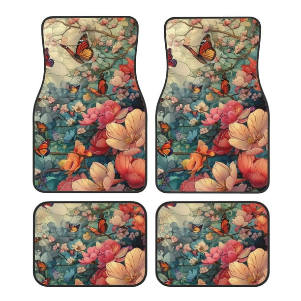 Balery Butterflies In Blooming Garden Juego de 4 Alfombrillas para Auto, Revestimientos de Caucho Resistente, Diseño Antideslizante