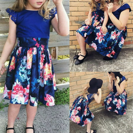 Mother Daughter Matching Dresses Women Kids Girls Flower Lace Sleeveless Summer Party Dress Sundress Family Matching