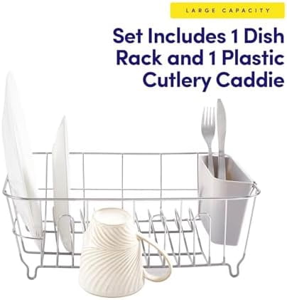 Dish Drying Rack & Cutlery Holder 2 Piece Set - Compact Sink-Fitting Dish Drainer with Rubberized Undercoating, Space-Saving Kitchen Organizer for Plates, Cups, Bowls & Utensils in Sink, Silver