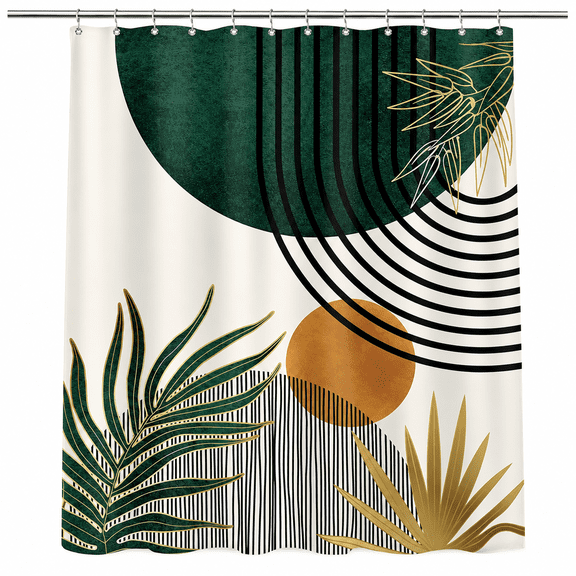 Mid Century Green Boho Shower Curtain, Abstract Modern Shower Curtains for Bathroom, Plant Botanical Minimalist Leaf Arch Sun Fabric Liner Waterproof Polyester 12 Pack Hooks 72Wx72L Inches