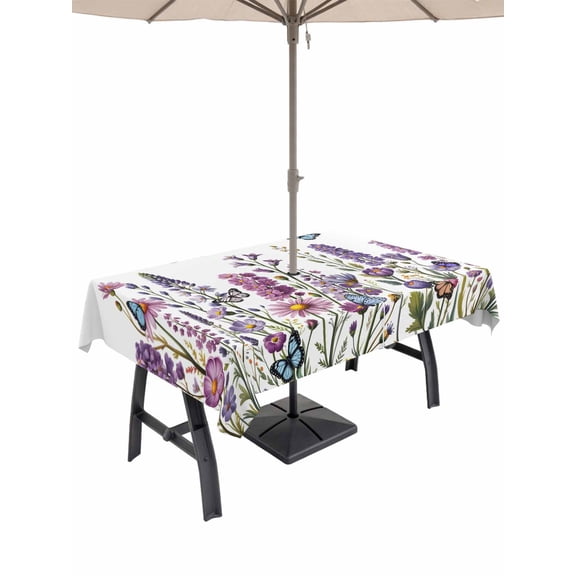 Outdoor Tablecloth with Umbrella Hole for Patio/Picnic/Party/Camping, Purple Flowers Waterproof Table Cloth Rectangle Table Cover Washable, Spring Butterflies Lavender Daisy Botanical (60"x 120")