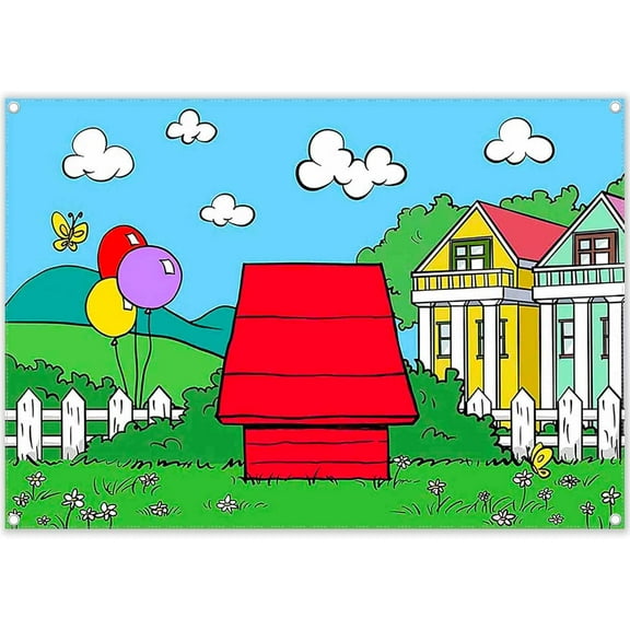 Fabric 7x5ft Cartoon Red House Photography Backdrop Blue Sky Grass Balloon Outdoor Background Party Decorations Kids Birthday Photo Booth Banner