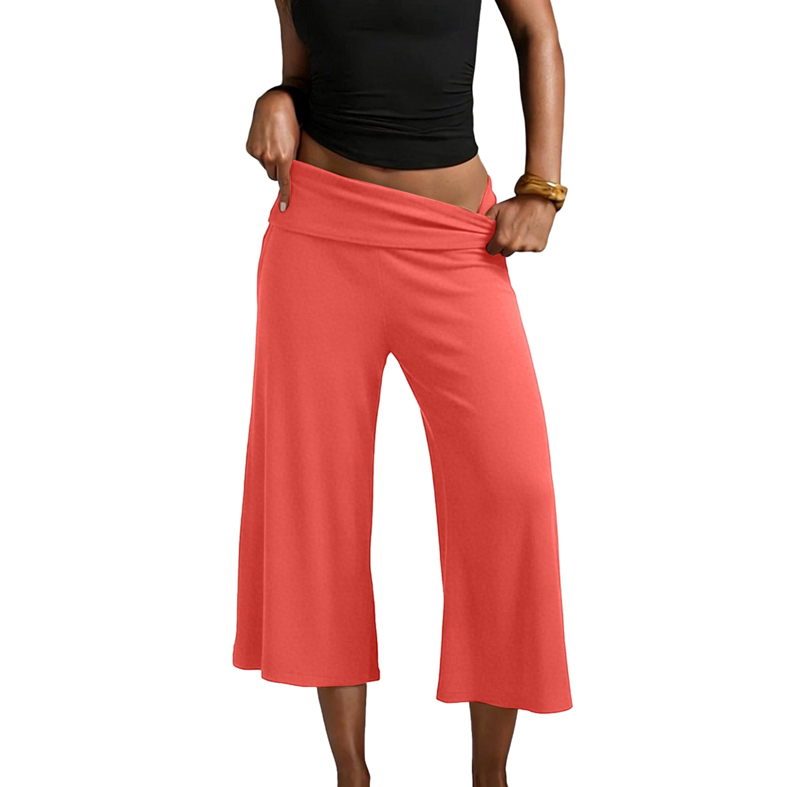 Inglocry Womens Fold Over Capri Pants Flowy Low Rise Wide Leg Flared Gaucho Pants Yoga Capris Comfy Palazzo Culotte Lounge Bottoms Watermelon Red S