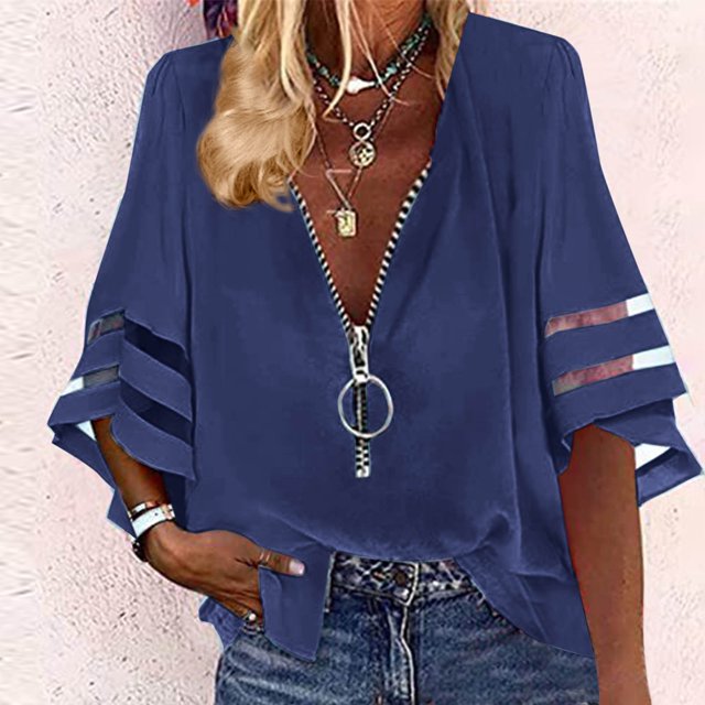 Lydiaunistar Womens Casual V-Neck Zip Blouse Spring Tops Sleeveless Solid Color Shirt Comfortable Stretch Relaxed Fit Plus Size for Daily Wear Dark Blue