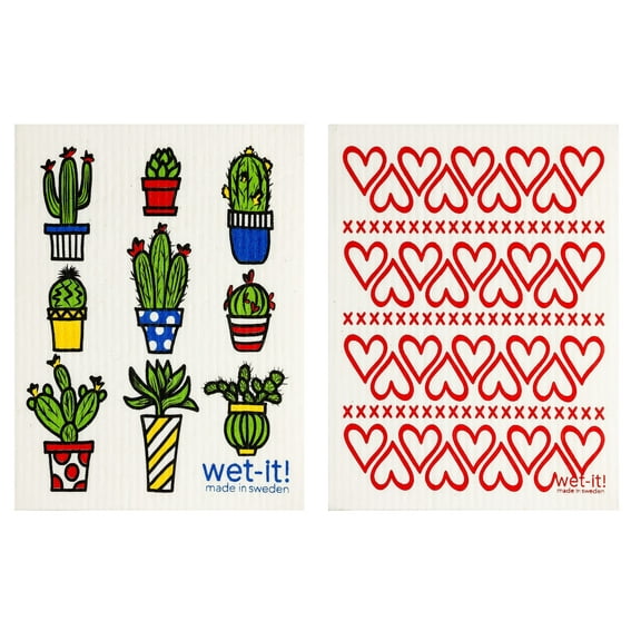 Wet-It! Swedish Treasures Dishcloth & Cleaning Cloth - Set of 2 - Cactus & Hearts - (Paper Towel Replacement)