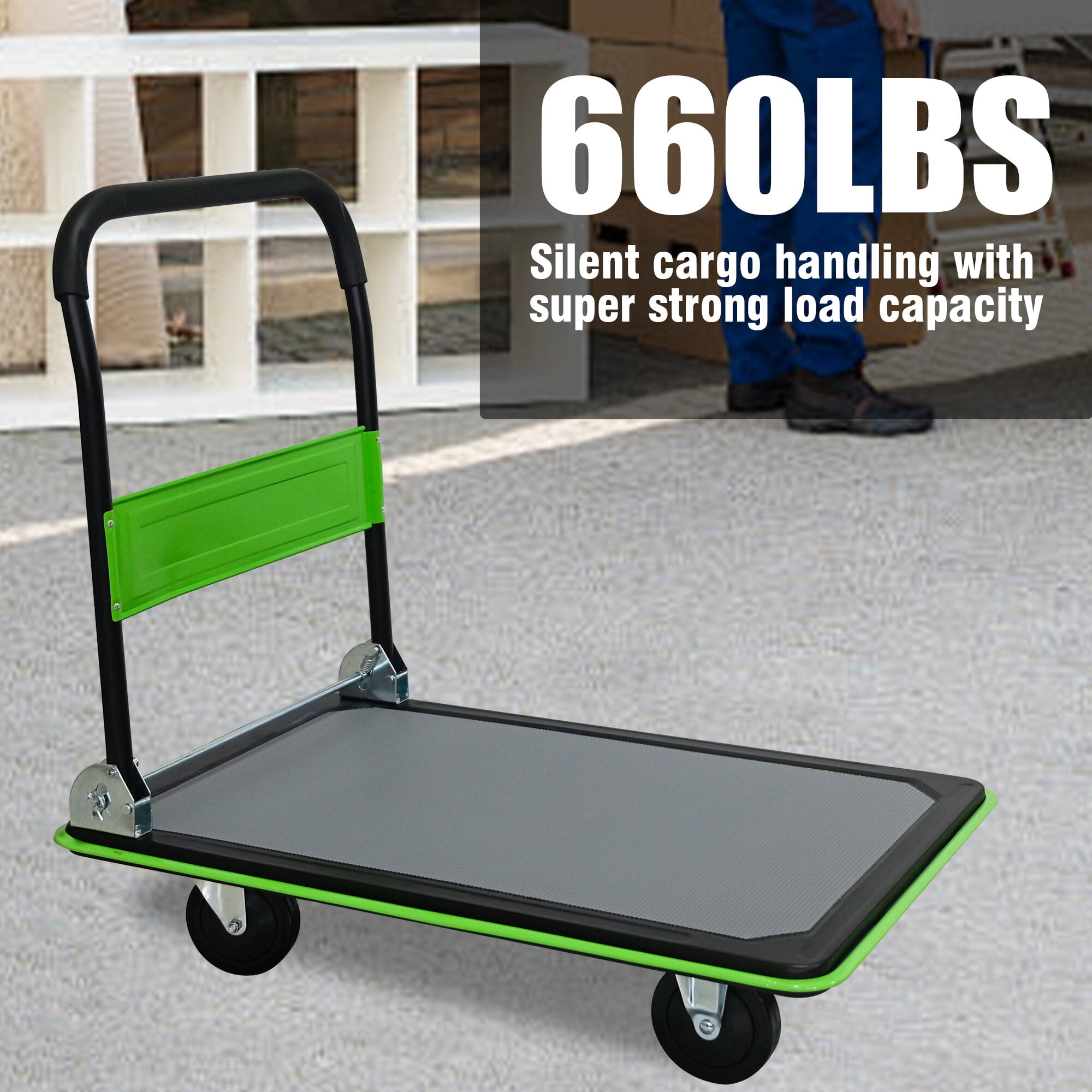 Dolly, Flatbed Cart, 660lbs Heavy Duty Capacity Platform Hand Truck 360 Degree Swivel Wheels Foldable Push Hand Cart for Loading and Storage, Warehouse-Green, Green Hand Truck,Steel Furniture Dolly