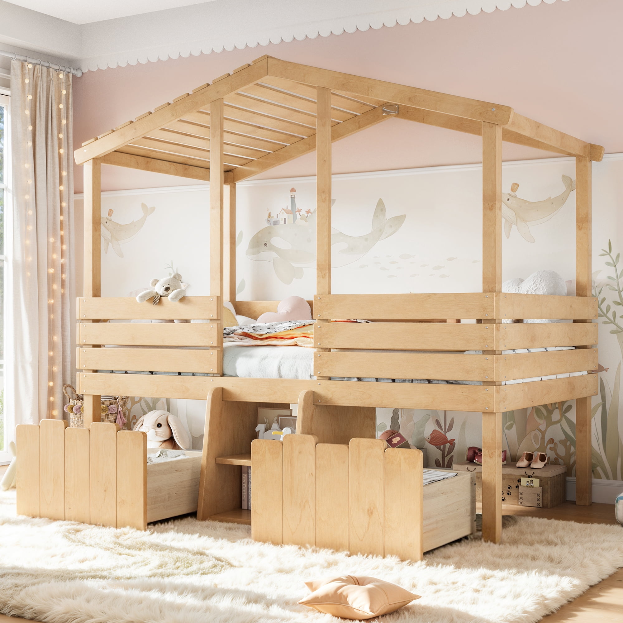 Leumius Twin House Loft Bed with Cute Stairs and 2 Storage Drawers, Farmhouse Low Loft Bed with House Shaped Roof, Childlike and No Box Spring Needed Design Natural