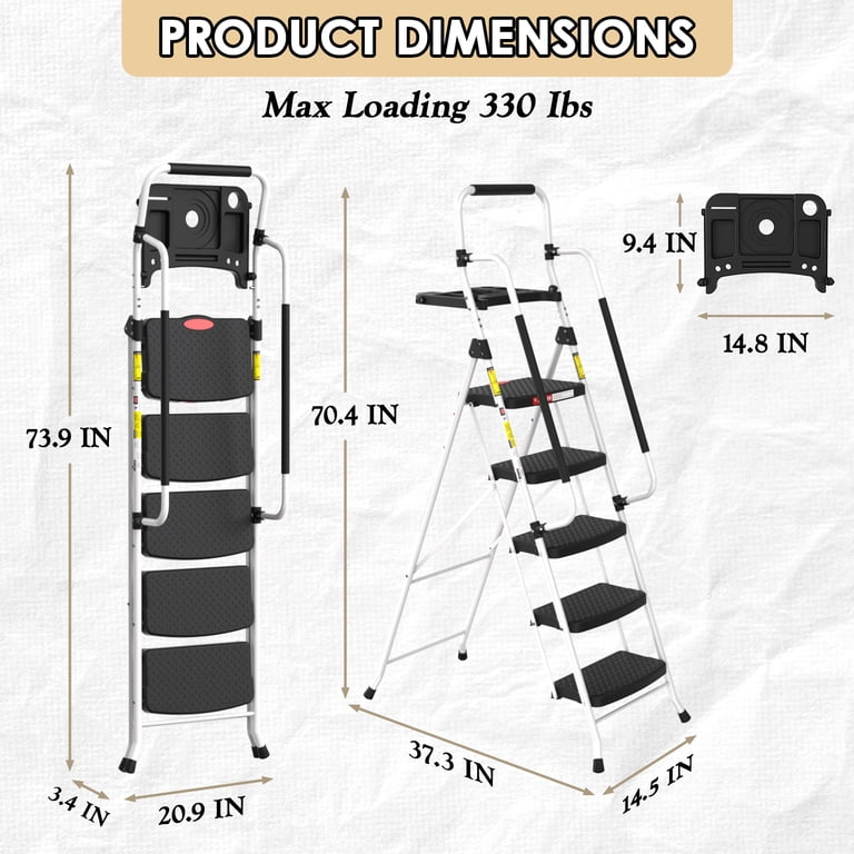 LevLad 5 Step Ladder with Tool Tray, 330 lb Capacity, White photo 2