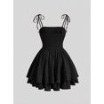 thumbnail image 2 of Black Ruched Tie-Shoulder Pleated Mini Dress For Women, 2 of 4