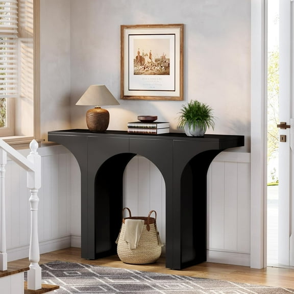 Finmind 47" Modern Hallway Console Table, Arch Base, Wood Entryway Table, Black