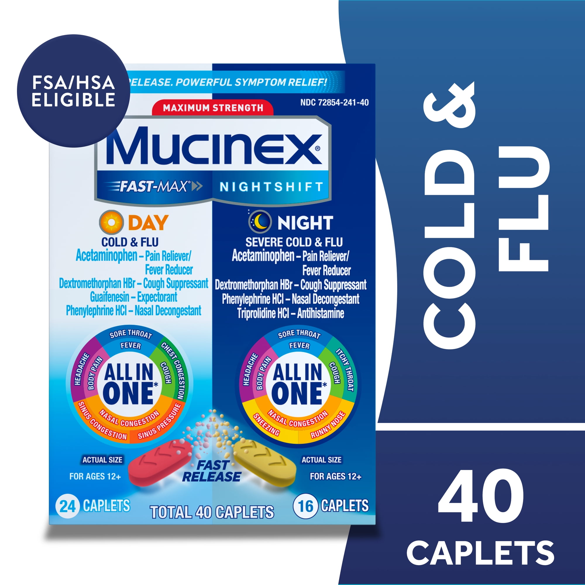 Maximum Strength Mucinex Fast-Max Day Cold & Flu & Nightshift Night Severe Cold & Flu All In One, Fast Release, Powerful Multi-Symptom Relief, 40 caplets (24 Day time + 16 Night time)