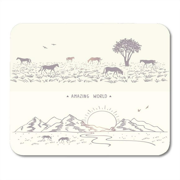 NUDECOR Doodle View Two Beautiful Panorama Nature with Mountains and Horses Sketch Stylish Grass Field Mousepad Mouse Pad Mouse Mat 9x10 inch