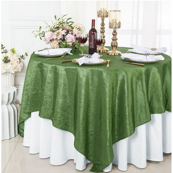 Wedding Linens Inc. 85" Square Crushed Crinkle Taffeta Table Overlay Toppers - Clover Green