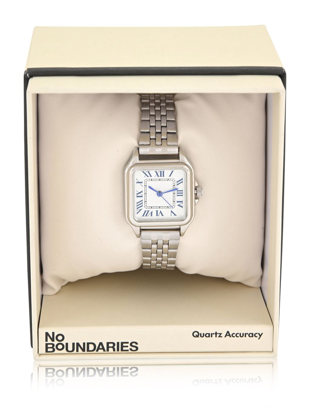 No Boundaries Adult Female Silvertone Square Case Watch with Matching Link Bracelet.