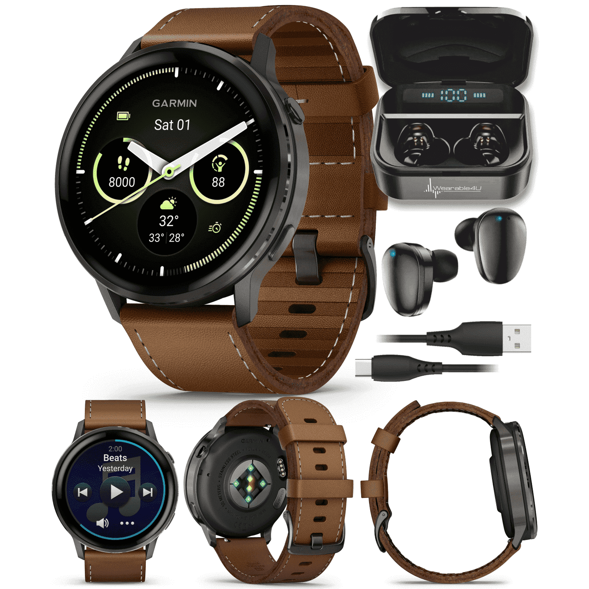 Garmin Venu 4 - 45mm AMOLED Advanced Health & Fitness GPS Smartwatch, Colorful Display, Flashlight, Up to 12 Days Slate w/Black Silicone & Brown Leather Bands w/Wearable4U Black EarBuds Bundle