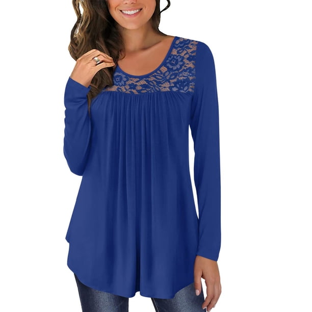 ICHUANYI Liquidación Blusas plisadas con panel de encaje y manga suelta para mujer ICHUANYI WER202308255770