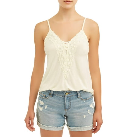 - Juniors' Caged Front Lace Trim Jersey Knit Cami