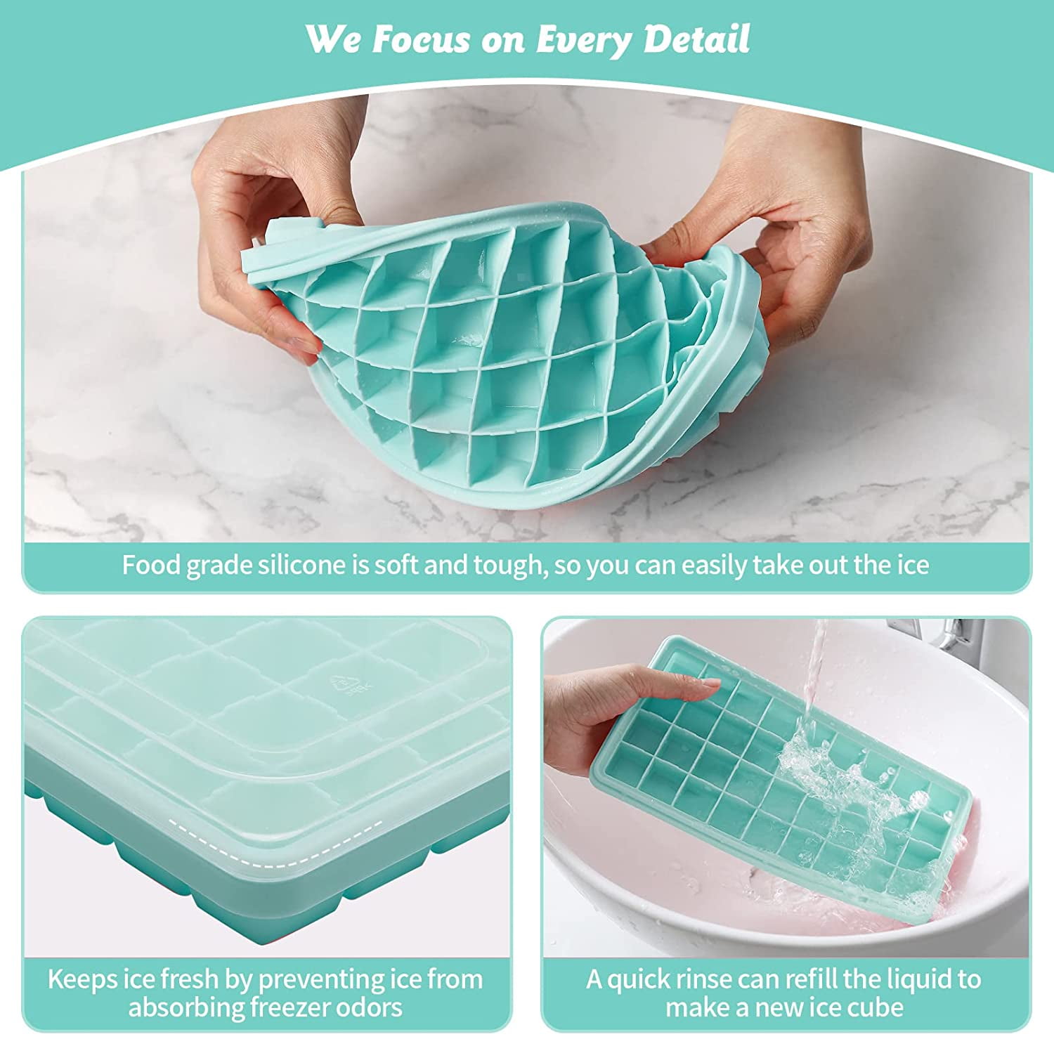 Ice Cube Tray With Lid and Bin,2*36 Nugget Food-grade Silicone Ice Tray,Flexible Ice Cube Molds Comes with Ice Container, Scoop and Cover (Green, 2*36 cubes Silicone suits)