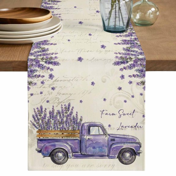 Spring Floral Table Runner 72 Inches, Purple Lavender Truck Flowers Botanical Beige Bed Runner Dresser Scarves Tabletop for Indoor Outdoor Parties/Ceremony/Banquet, 18" x 72"