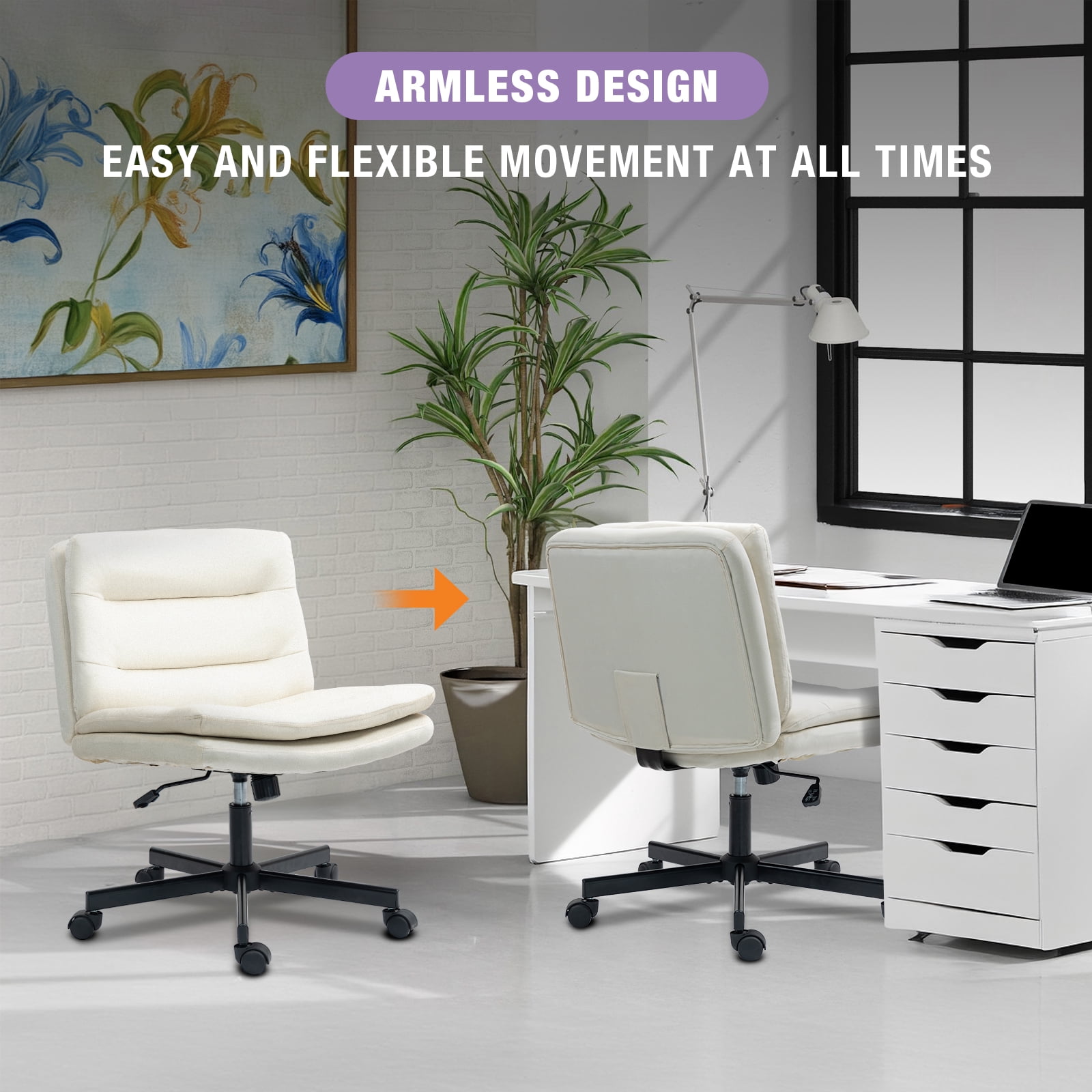 Criss Cross Legged Chair Ergonomic Home Office Desks Chair with Casters, Armless Wide Comfy Vanity Desk Seat Swivel Rolling Computer Chair, Adjustable Height, Rocking Function, Beige