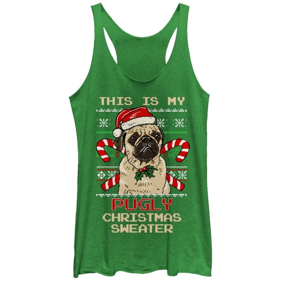 Women's Lost Gods Ugly Christmas Pug & Candy Canes Racerback Tank Top Envy Green Large