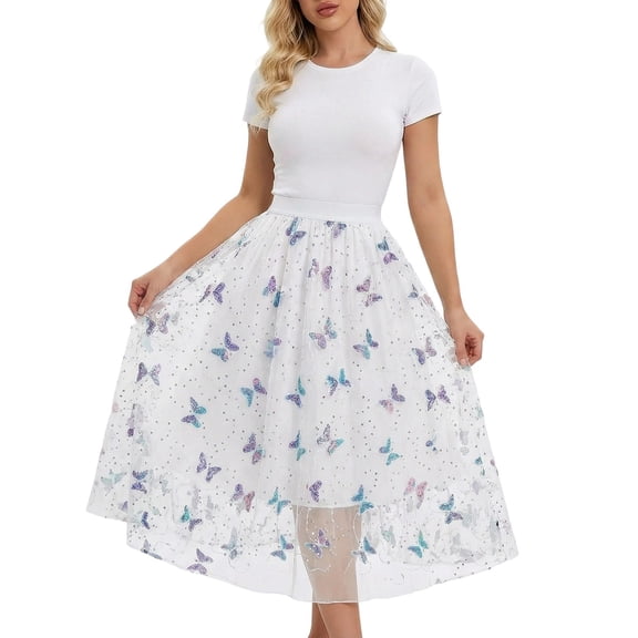 Arlun Womens Floral Midi Skirts High Waisted A Line Cute Layered Mesh Pleated Skirt Lightweight Swing Flowy Knee Length Casual Skirts White One Size