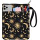 thumbnail image 1 of Funda de libro con diseño de luna, sol y estrellas, color negro, para libros de bolsillo, lavable, con cremallera y bolsillo adicional., 1 of 9