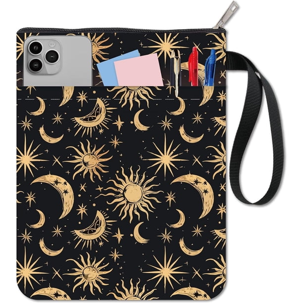 Funda de libro con diseño de luna, sol y estrellas, color negro, para libros de bolsillo, lavable, con cremallera y bolsillo adicional.