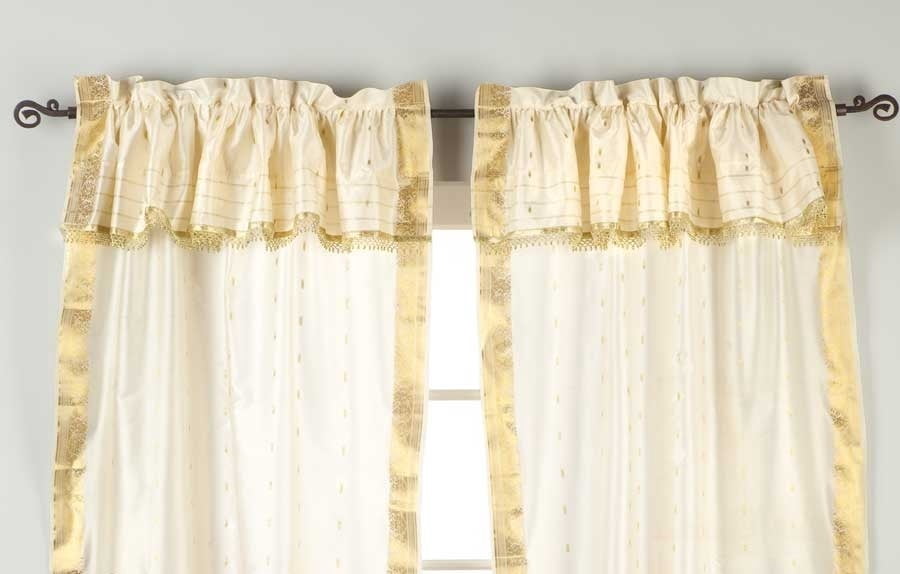 Lined 2 Gypsy Rod Pocket Curtains w/ Beaded Valance 2 Tiebacks Cream 60W X 108L