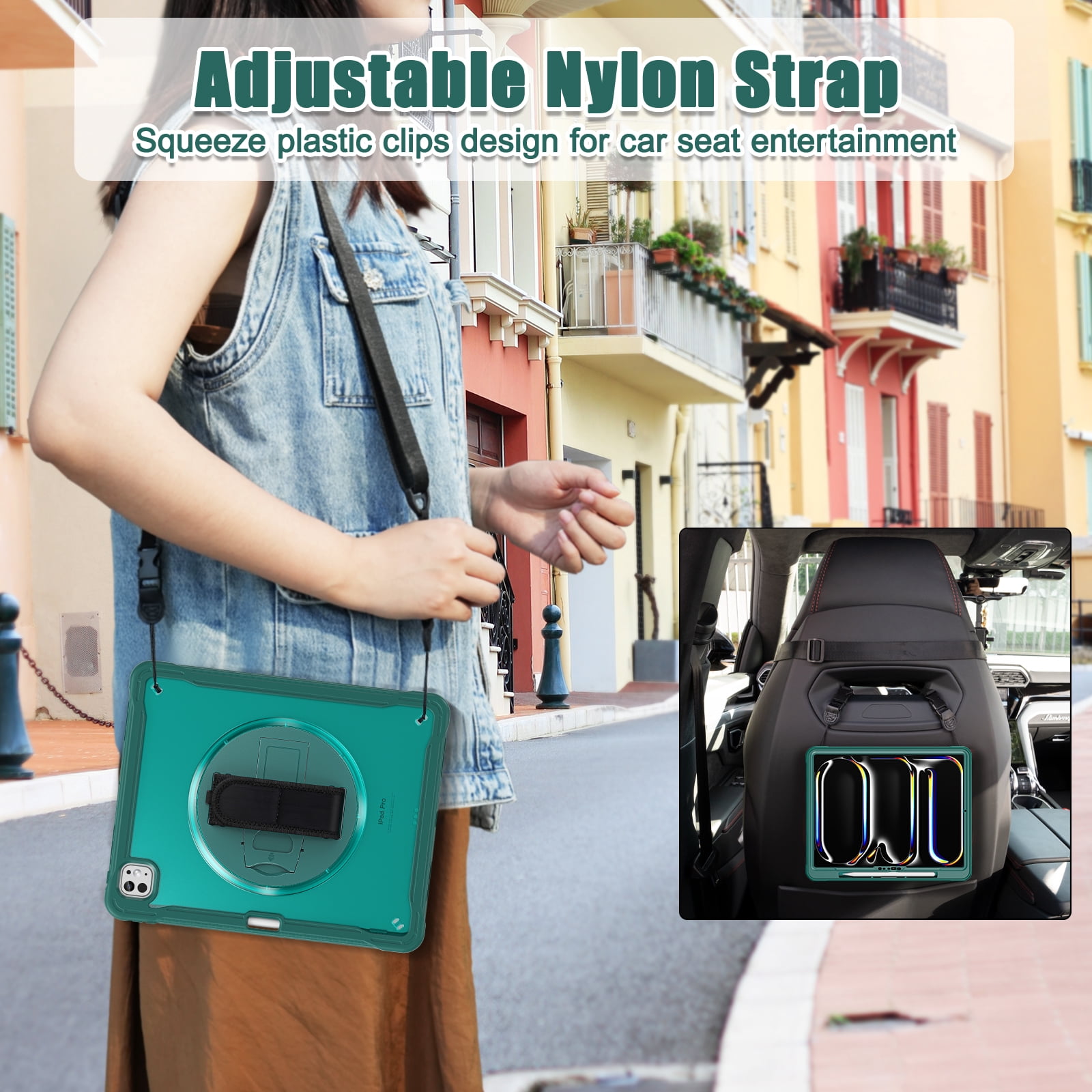 Dteck Case for iPad Pro 13 inch M4 2024,Military Grade Shockproof Silicone Cover 360° Rotatable Stand- Shoulder Strap- Handle- Pencil Holder,Darkgreen