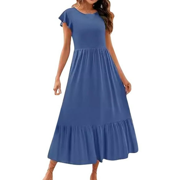 TJAZFJPA Jean Dress for Women Women's Solid Color Round Neck Pleated Dress with Pockets Boho Maxi Dress Mexican Dresses for Women