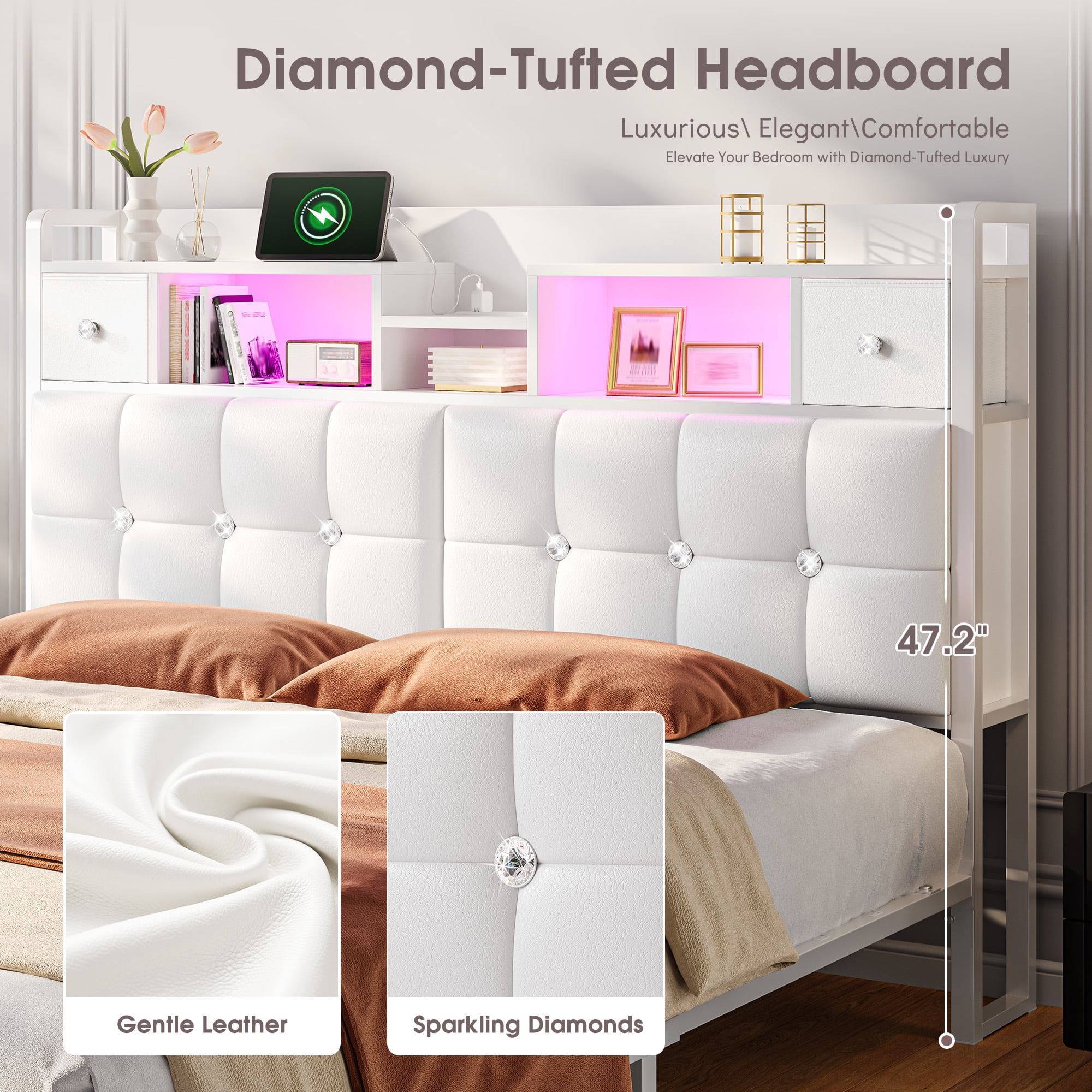 EnHomee Full Size Bed Frame with Headboard Bed Frame with Hidden Storage Compartment Upholstered Bed Frame with 2 Drawers & Outlets,White
