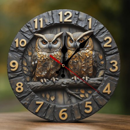 Wall Clock Decorative - Vintage Owl Duo Print 2D Vintage Wall Clocks Battery Operated Silent Non-Ticking for Bedroom, Living Room, Kitchen, Office, Classroom, 10 Inch