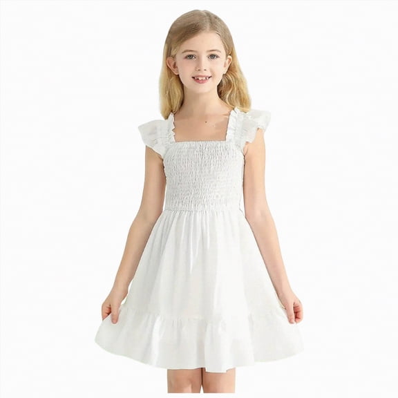 Yindaity Girls Summer Dress Girls Spring Summer Floral Dress Teen Ruffle Dresses Kids CuteClothes(White,11-12 Years)